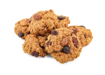 Delicious oatmeal cookies with dried cranberries and nuts isolated on white