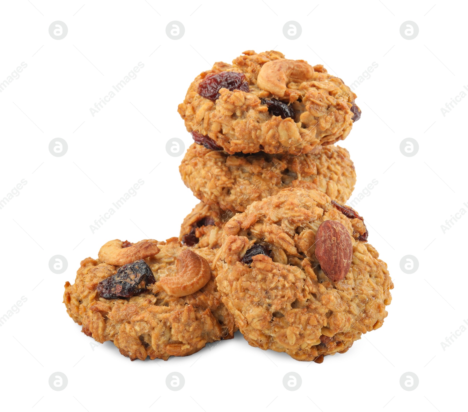 Photo of Delicious oatmeal cookies with dried cranberries and nuts isolated on white