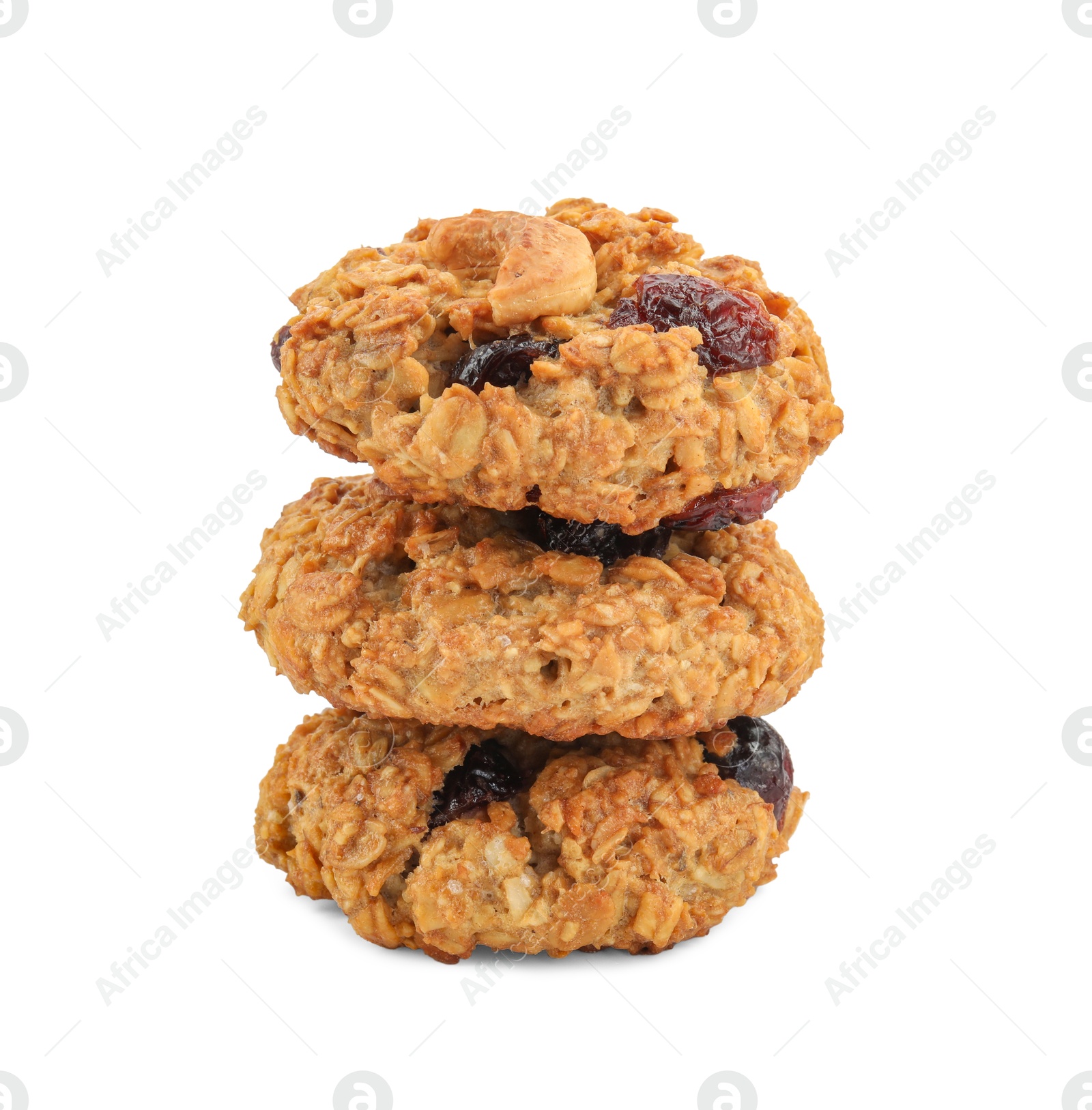 Photo of Stack of delicious oatmeal cookies with dried cranberries and nuts isolated on white