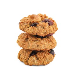 Photo of Stack of delicious oatmeal cookies with dried cranberries and nuts isolated on white