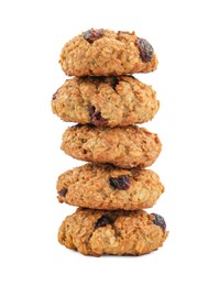 Photo of Stack of delicious oatmeal cookies with dried cranberries and nuts isolated on white