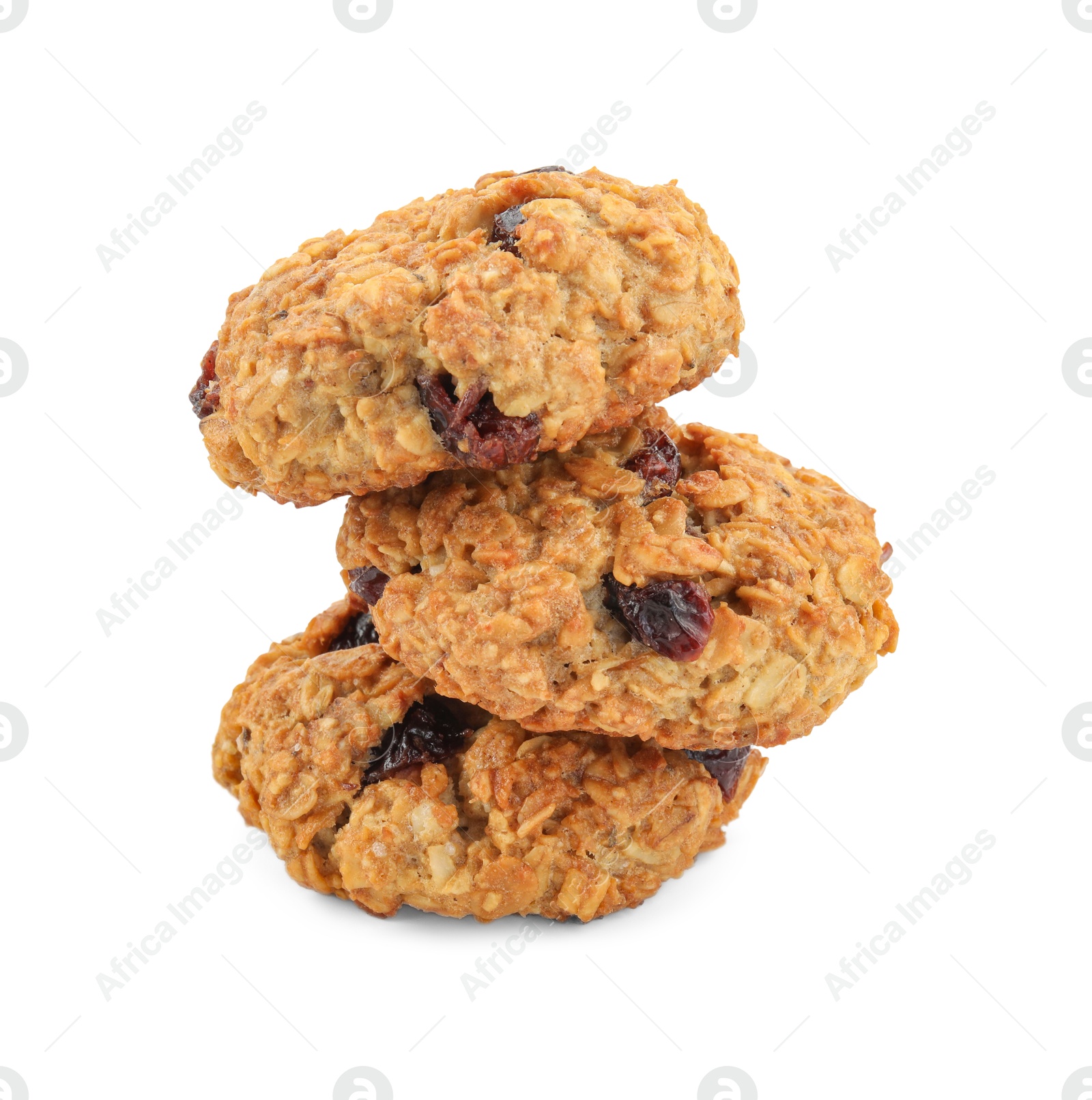 Photo of Stack of delicious oatmeal cookies with dried cranberries and nuts isolated on white