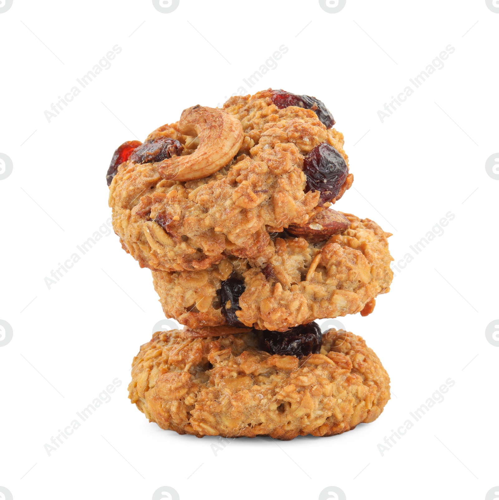 Photo of Stack of delicious oatmeal cookies with dried cranberries and nuts isolated on white