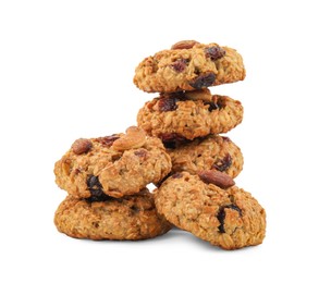 Photo of Delicious oatmeal cookies with dried cranberries and nuts isolated on white