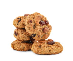 Photo of Delicious oatmeal cookies with dried cranberries and nuts isolated on white