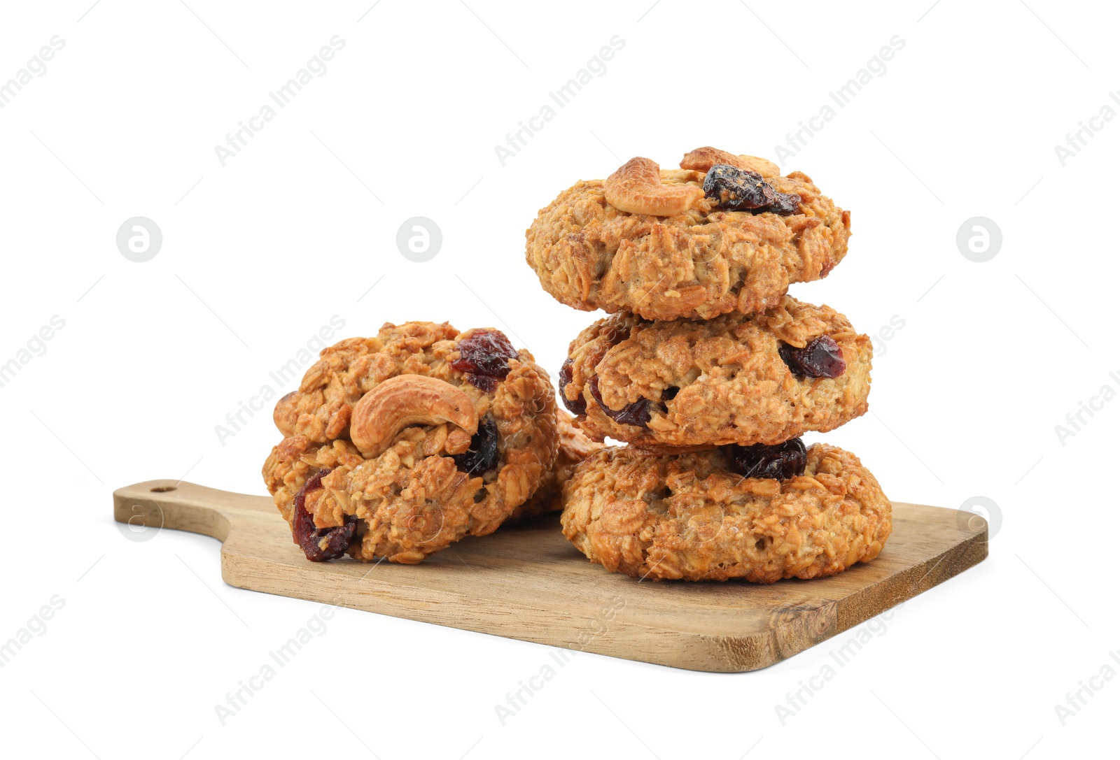 Photo of Delicious oatmeal cookies with dried cranberries and nuts isolated on white