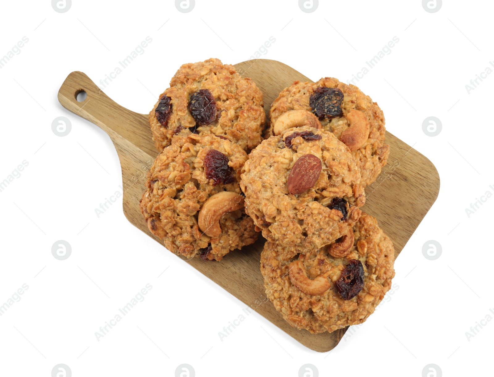 Photo of Delicious oatmeal cookies with dried cranberries and nuts isolated on white, top view