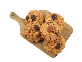 Photo of Delicious oatmeal cookies with dried cranberries and nuts isolated on white, top view