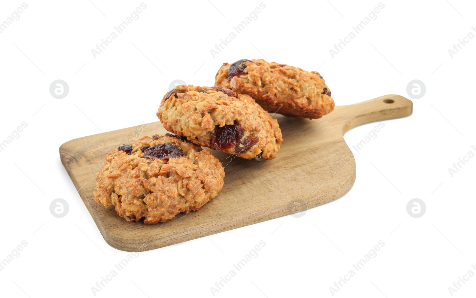 Photo of Delicious oatmeal cookies with dried cranberries and nuts isolated on white