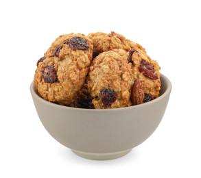 Photo of Delicious oatmeal cookies with dried cranberries and nuts in bowl isolated on white