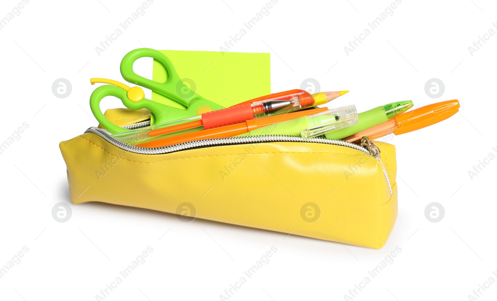 Pencil case with different stationery isolated on white Photo of Pencil case with different stationery isolated on white