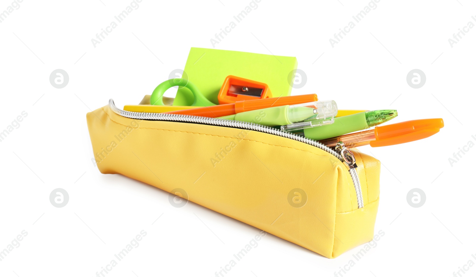 Photo of Pencil case with different stationery isolated on white