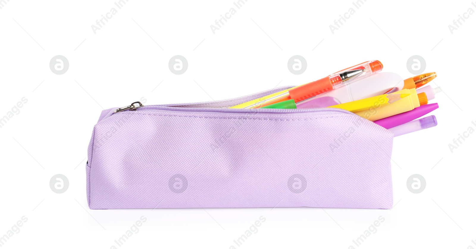 Pencil case with different stationery isolated on white Photo of Pencil case with different stationery isolated on white