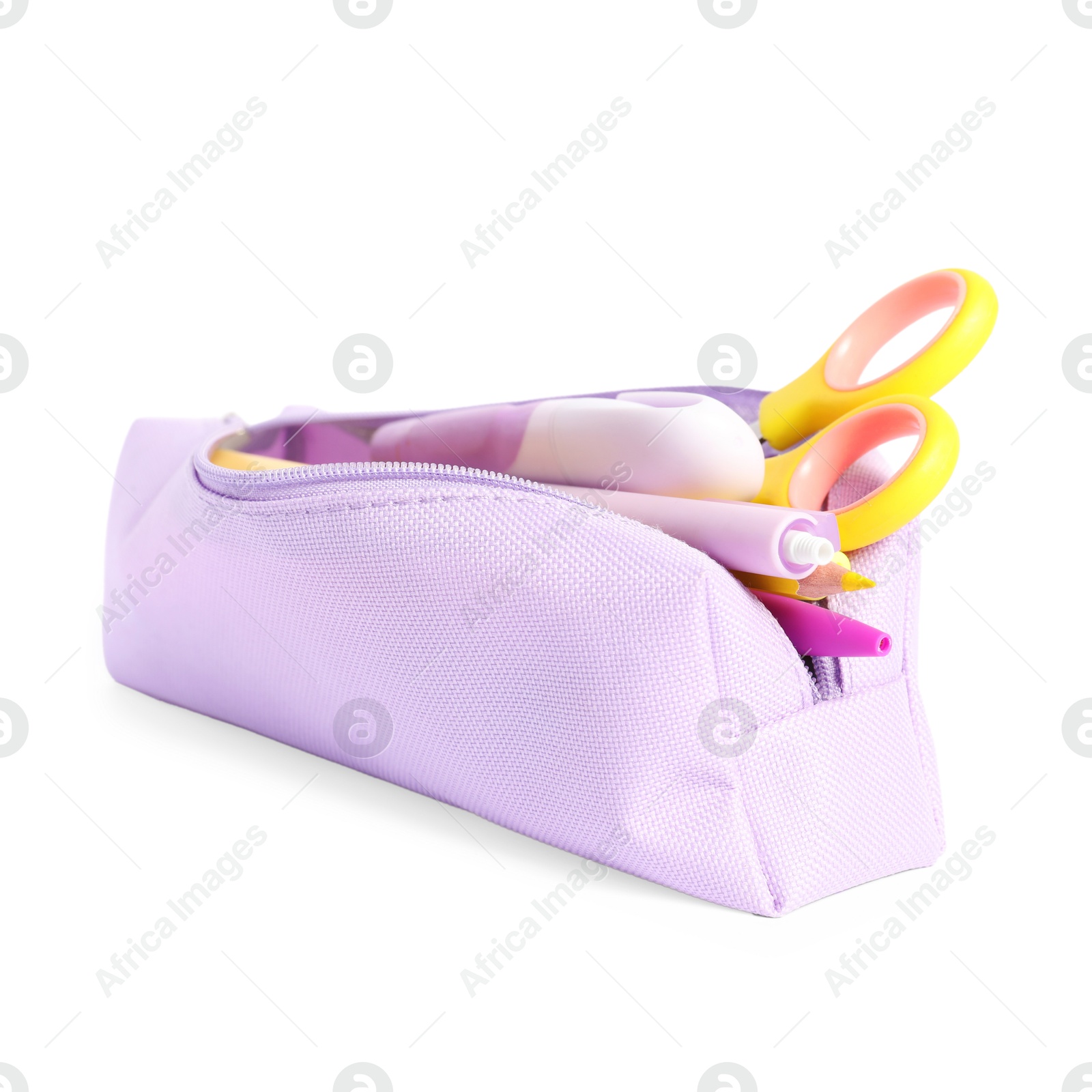 Photo of Pencil case with different stationery isolated on white