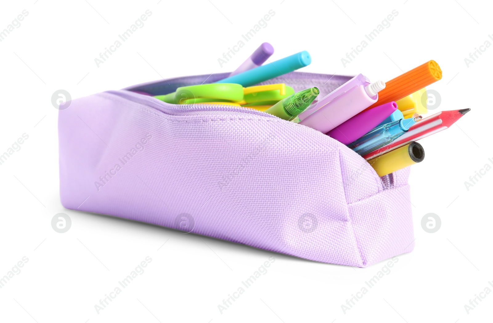 Photo of Pencil case with different stationery isolated on white