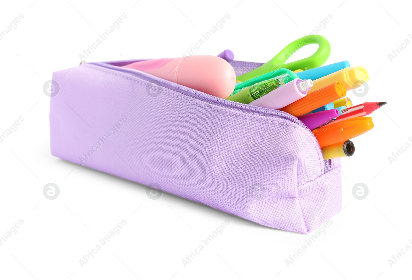 Photo of Pencil case with different stationery isolated on white