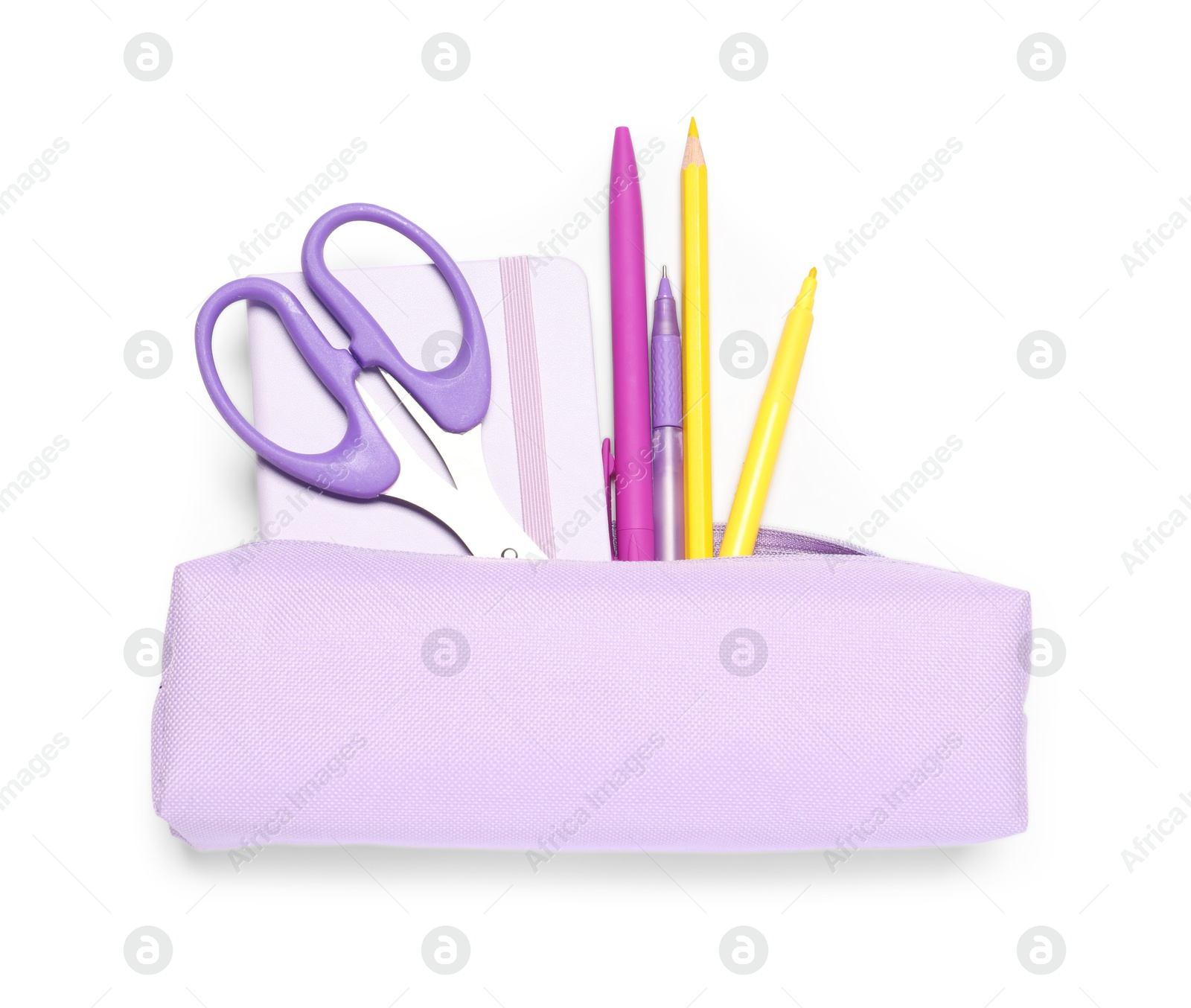 Photo of Pencil case with different stationery isolated on white, top view