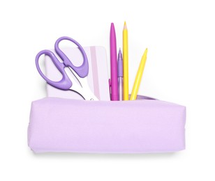 Photo of Pencil case with different stationery isolated on white, top view