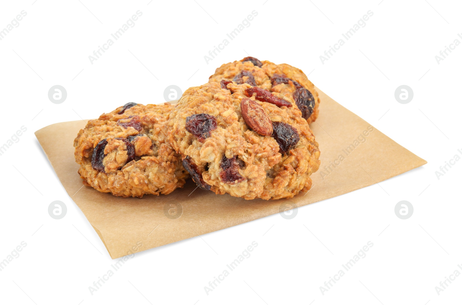 Photo of Delicious oatmeal cookies with dried cranberries and nuts isolated on white