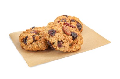 Photo of Delicious oatmeal cookies with dried cranberries and nuts isolated on white