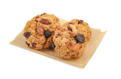 Photo of Delicious oatmeal cookies with dried cranberries and nuts isolated on white