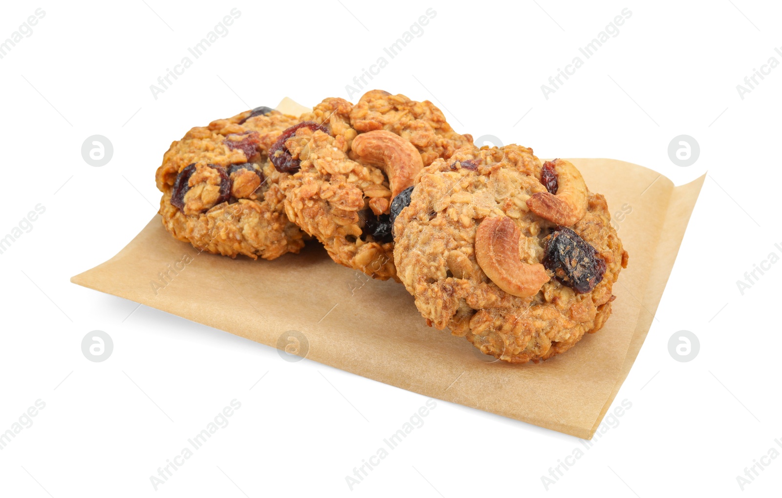 Photo of Delicious oatmeal cookies with dried cranberries and nuts isolated on white