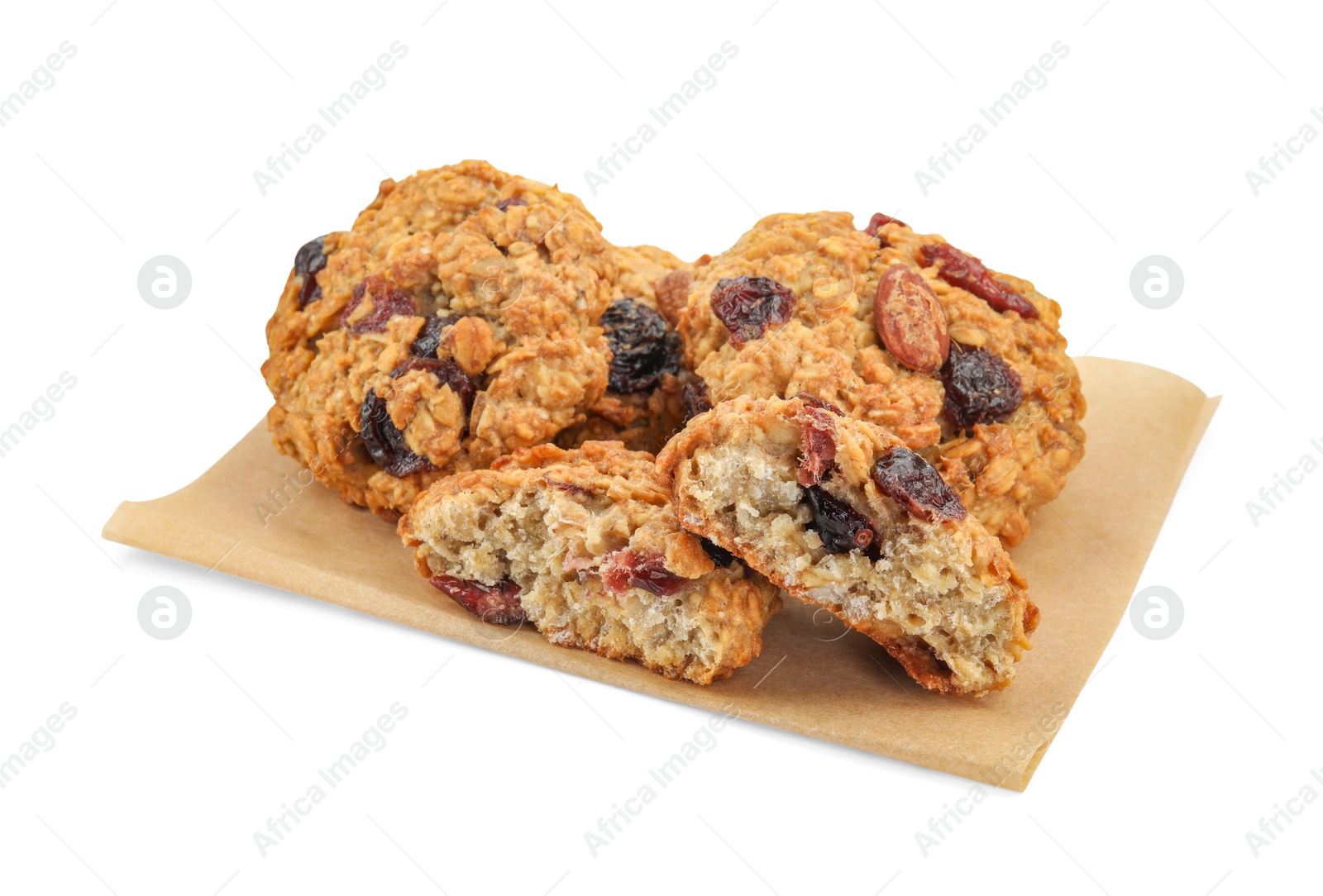 Photo of Delicious oatmeal cookies with dried cranberries and nuts isolated on white