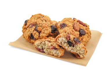 Photo of Delicious oatmeal cookies with dried cranberries and nuts isolated on white