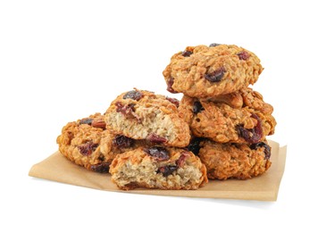 Photo of Delicious oatmeal cookies with dried cranberries and nuts isolated on white