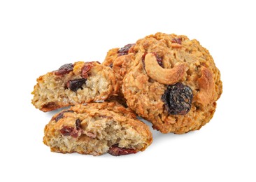 Delicious oatmeal cookies with dried cranberries and nuts isolated on white