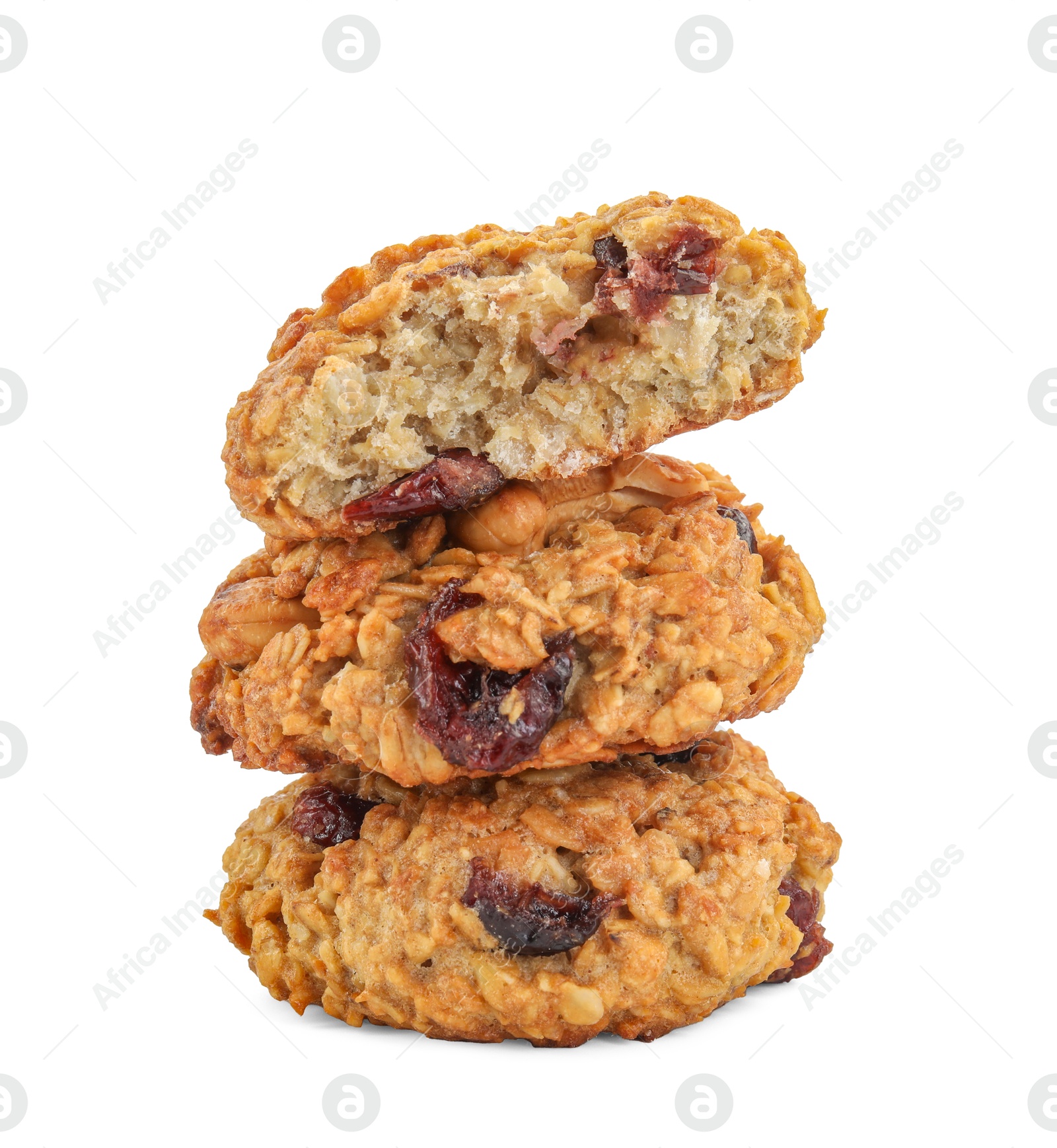 Photo of Stack of delicious oatmeal cookies with dried cranberries and nuts isolated on white