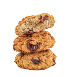 Photo of Stack of delicious oatmeal cookies with dried cranberries and nuts isolated on white