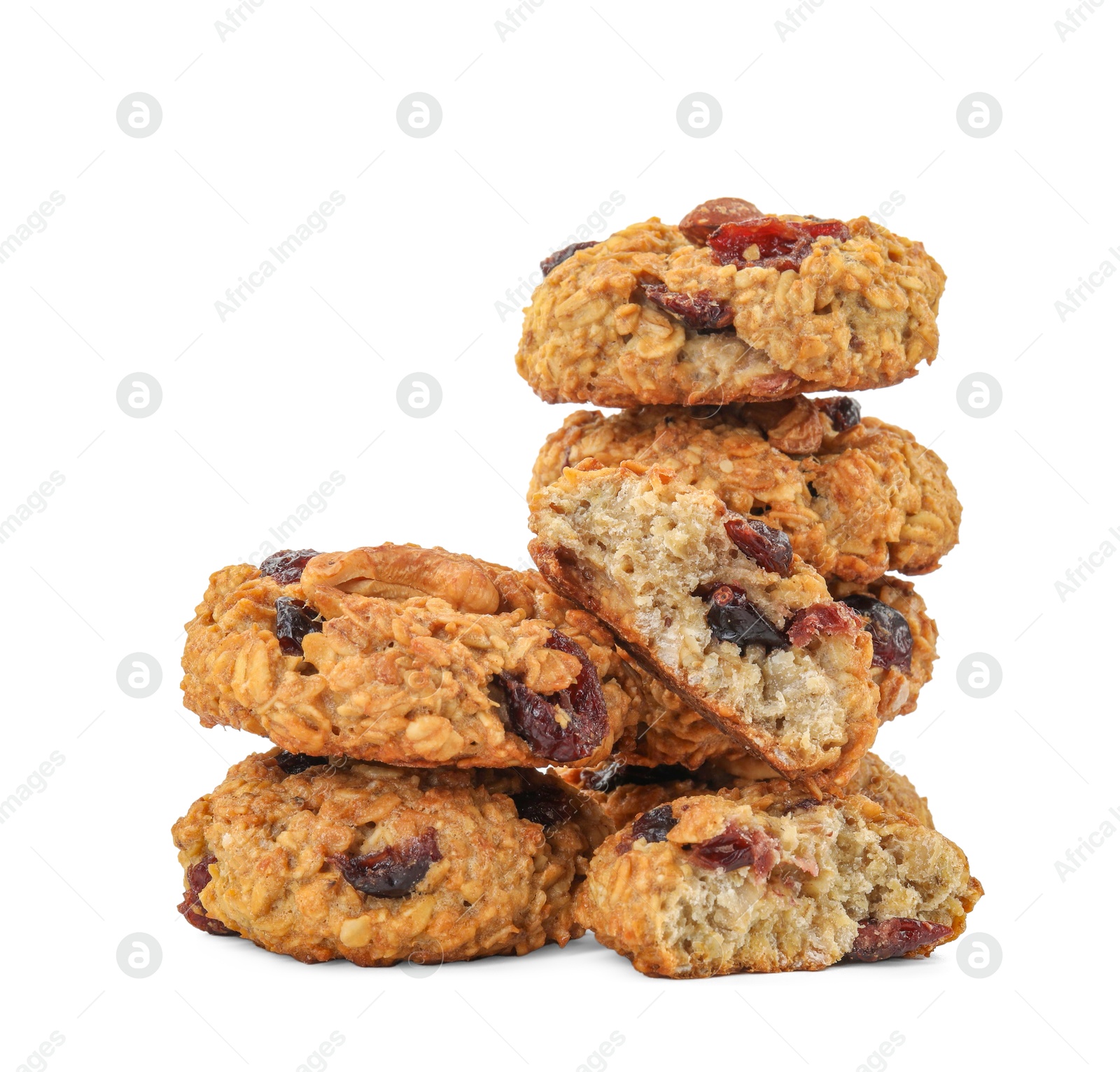 Photo of Delicious oatmeal cookies with dried cranberries and nuts isolated on white