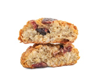 Photo of Halves of tasty oatmeal cookie with dried cranberries and nuts isolated on white