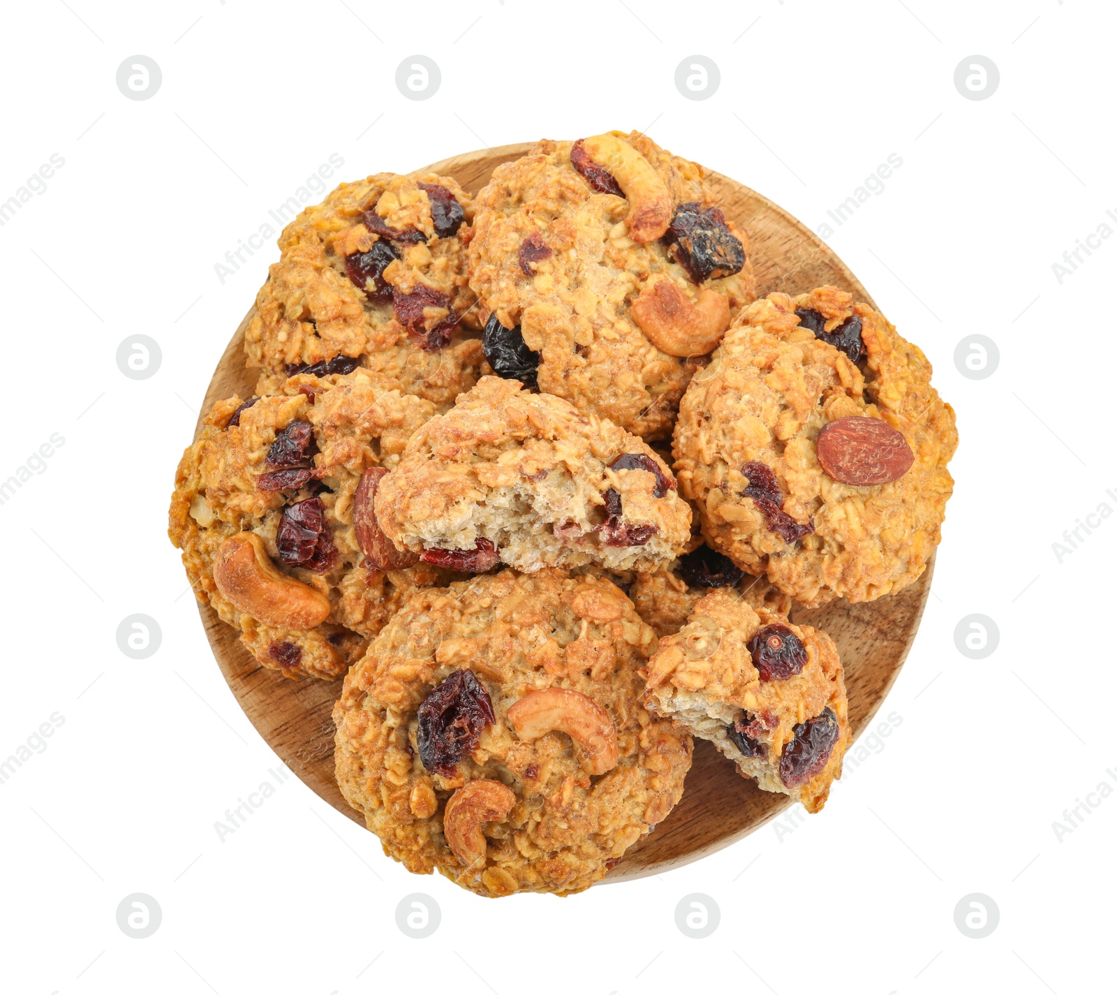 Photo of Delicious oatmeal cookies with dried cranberries and nuts isolated on white, top view