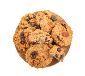 Photo of Delicious oatmeal cookies with dried cranberries and nuts isolated on white, top view