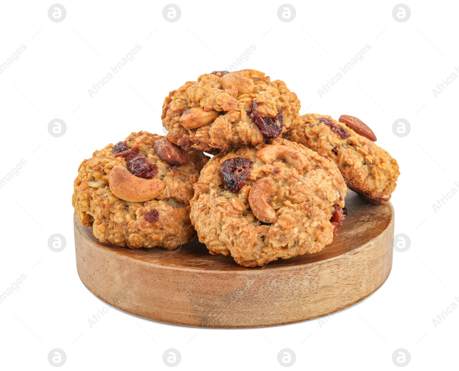 Photo of Delicious oatmeal cookies with dried cranberries and nuts isolated on white