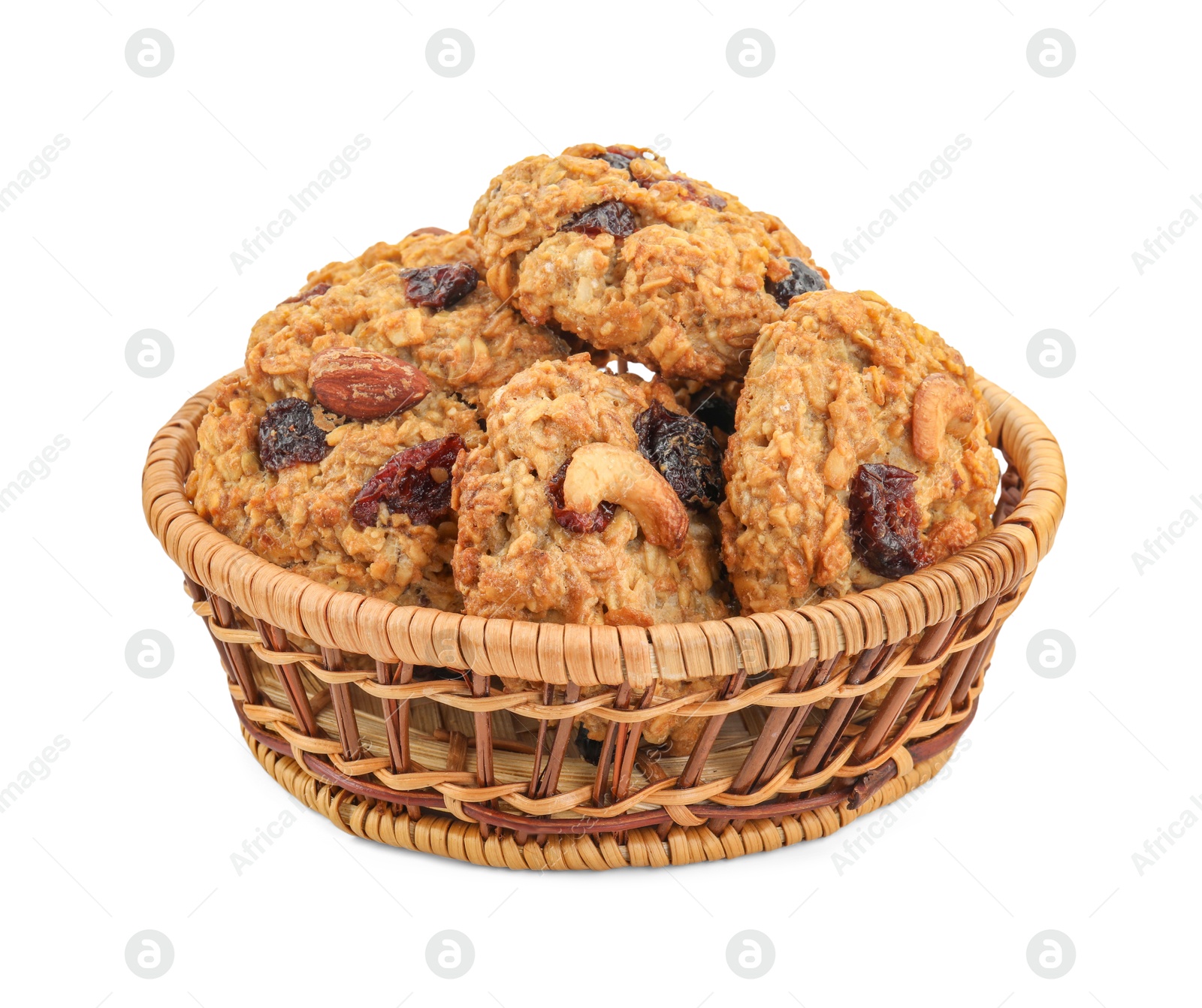 Photo of Delicious oatmeal cookies with dried cranberries and nuts in wicker basket isolated on white