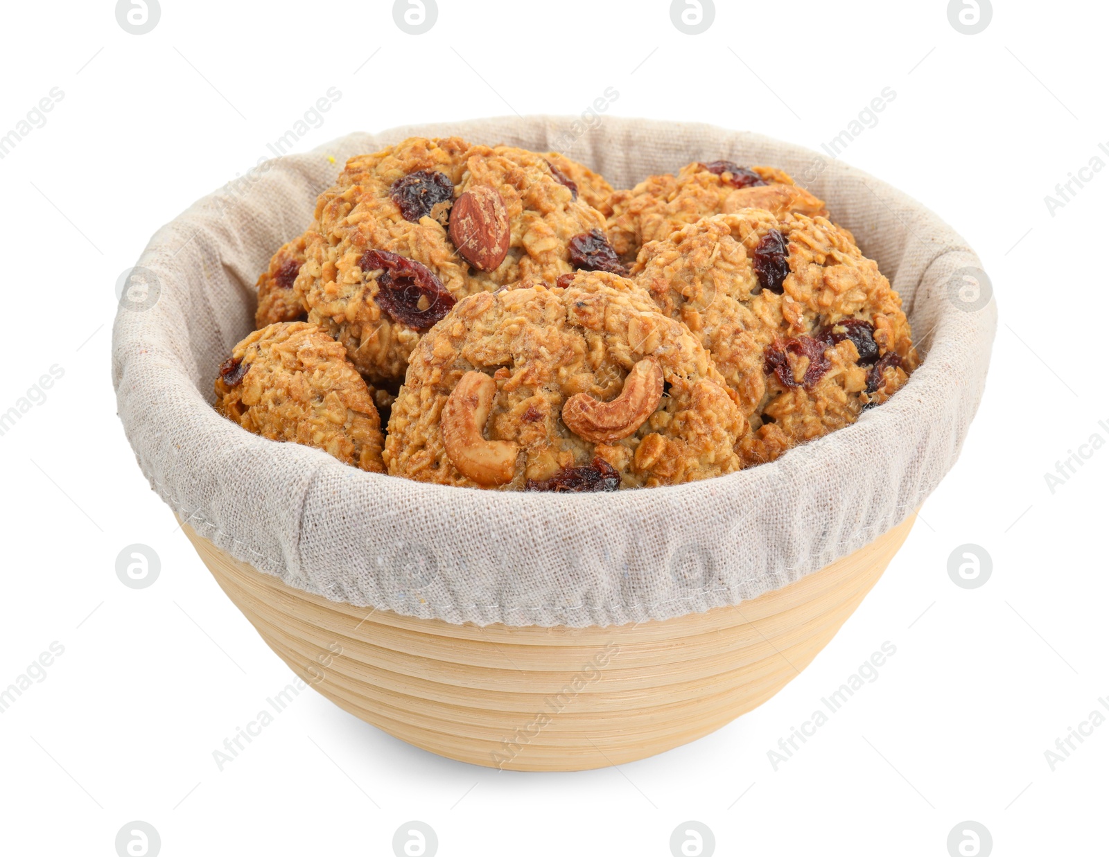 Photo of Delicious oatmeal cookies with dried cranberries and nuts in bowl isolated on white