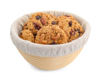 Delicious oatmeal cookies with dried cranberries and nuts in bowl isolated on white