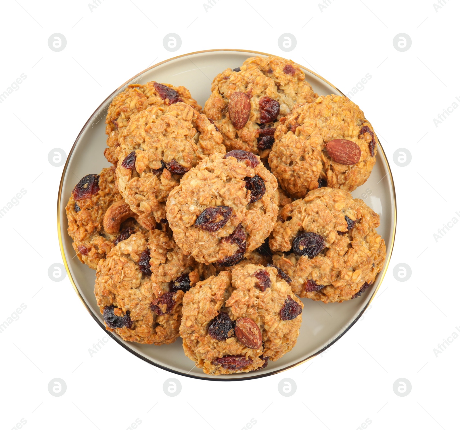 Photo of Delicious oatmeal cookies with dried cranberries and nuts isolated on white, top view