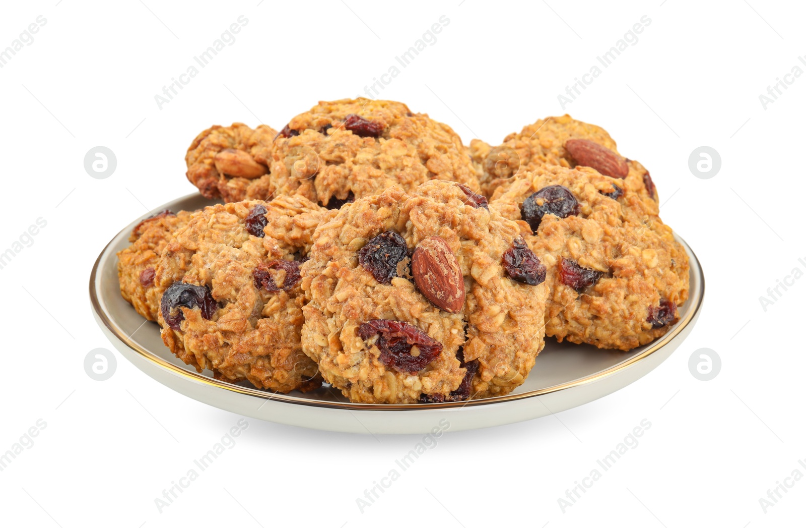 Photo of Delicious oatmeal cookies with dried cranberries and nuts isolated on white