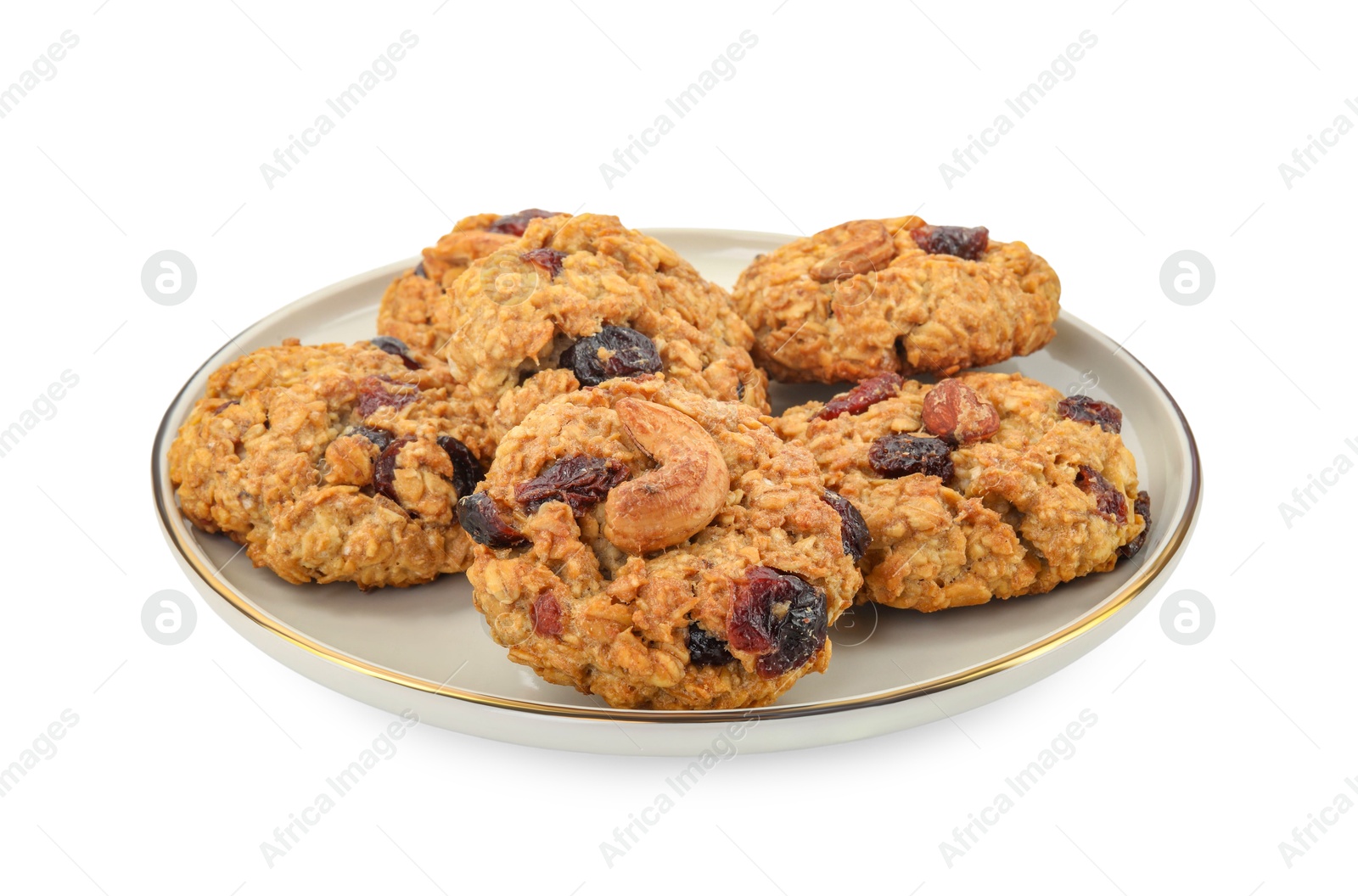 Photo of Delicious oatmeal cookies with dried cranberries and nuts isolated on white