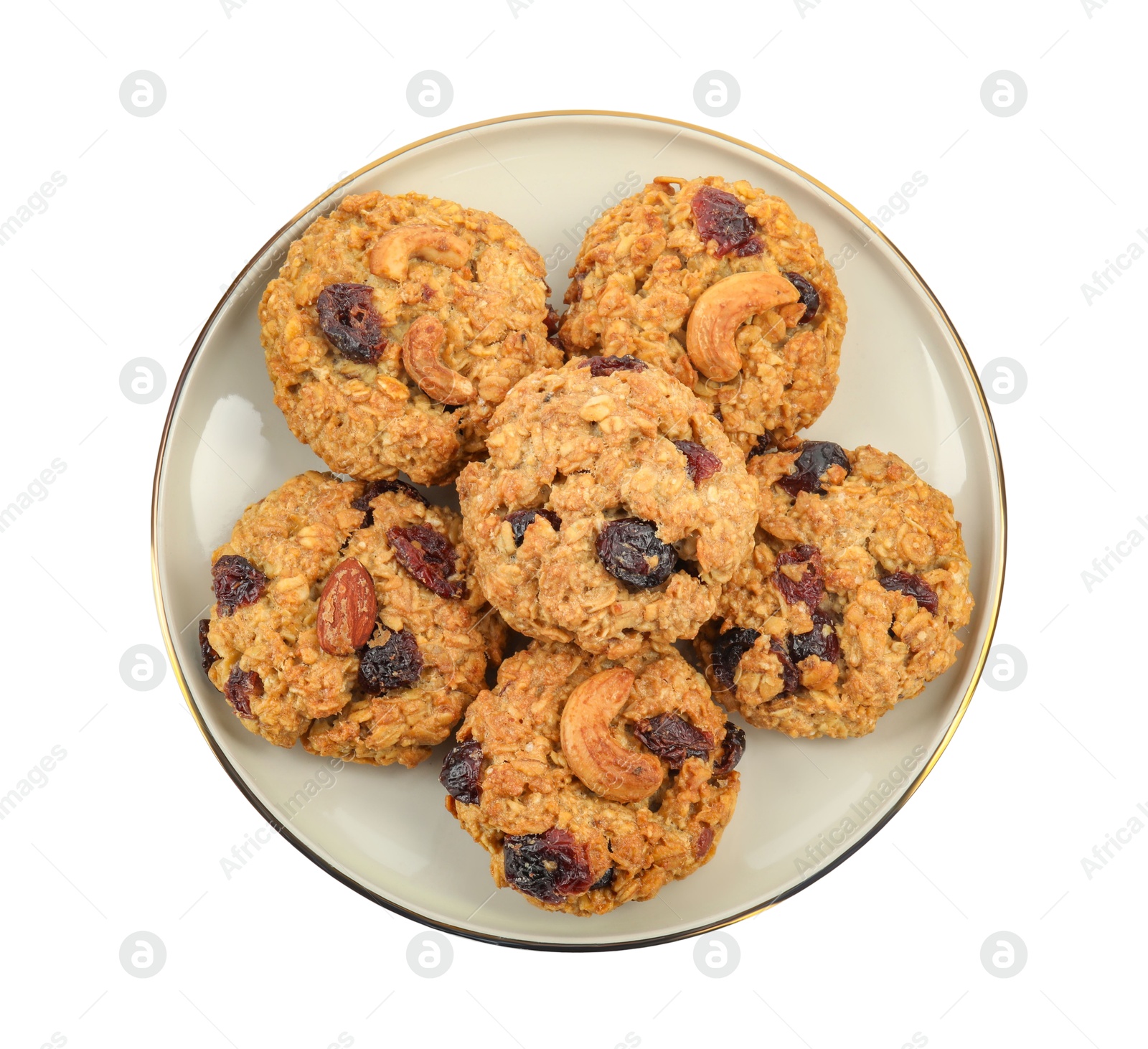 Photo of Delicious oatmeal cookies with dried cranberries and nuts isolated on white, top view