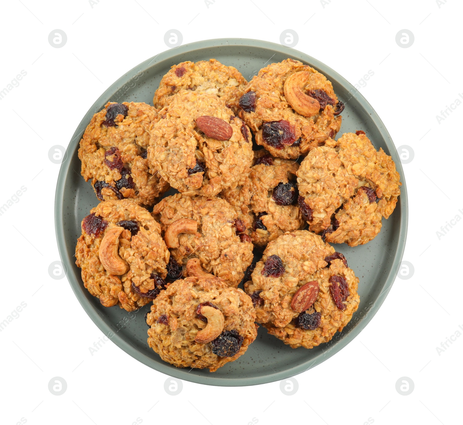 Photo of Delicious oatmeal cookies with dried cranberries and nuts isolated on white, top view