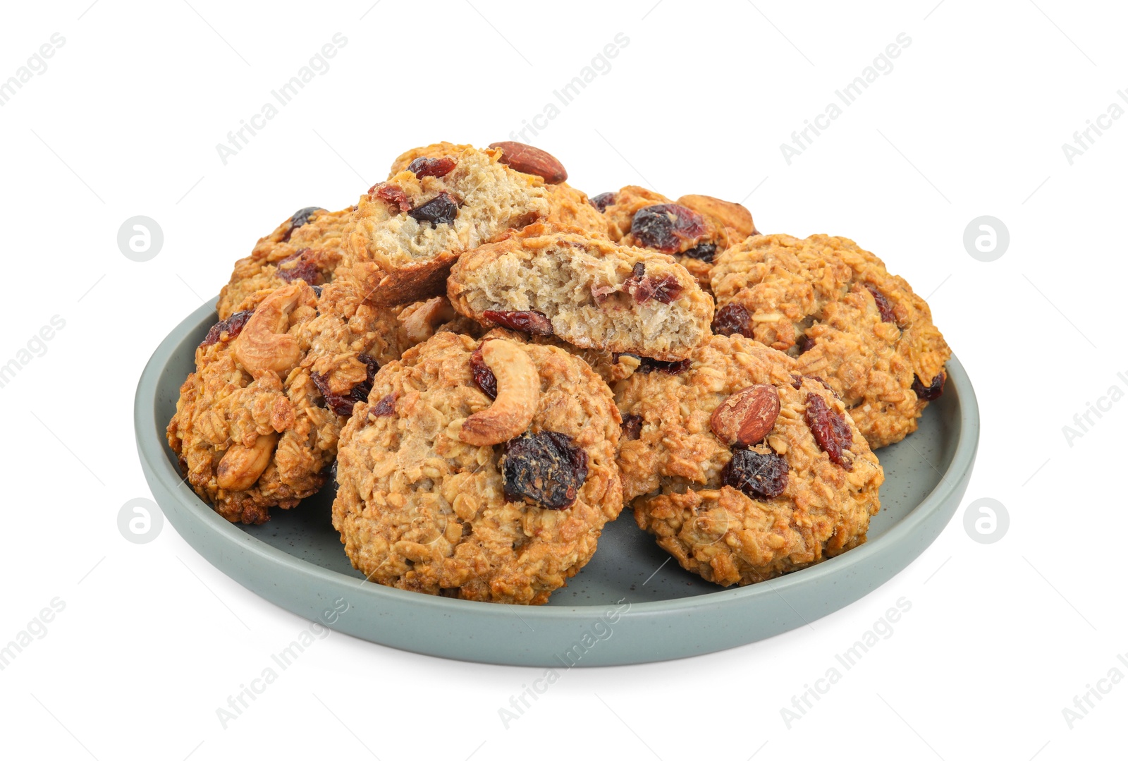 Photo of Delicious oatmeal cookies with dried cranberries and nuts isolated on white