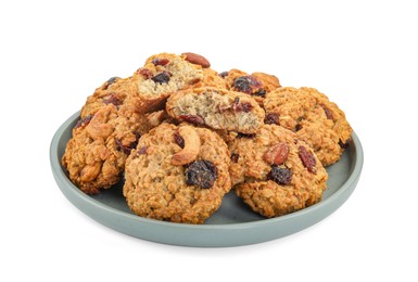 Photo of Delicious oatmeal cookies with dried cranberries and nuts isolated on white