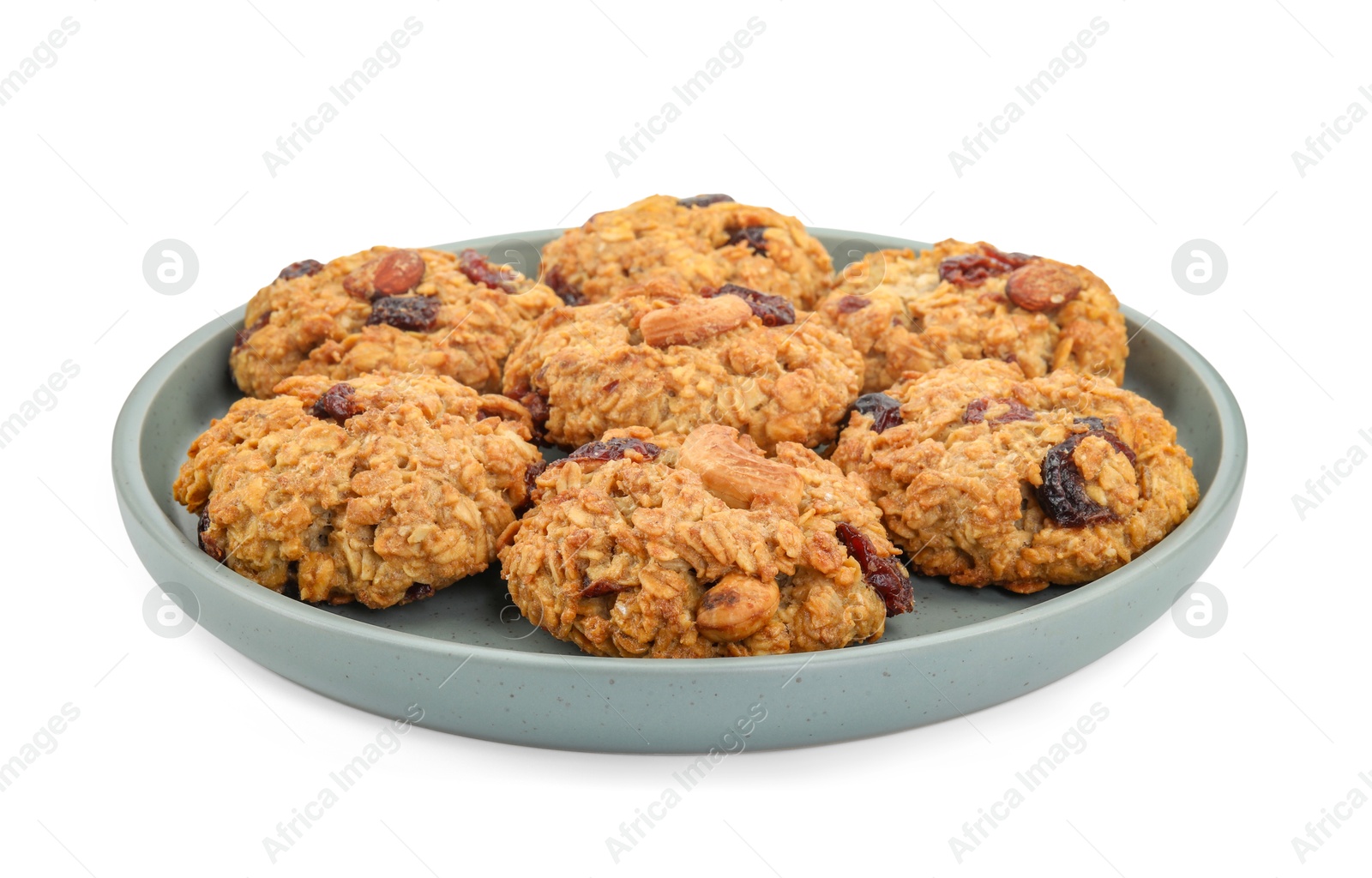 Photo of Delicious oatmeal cookies with dried cranberries and nuts isolated on white