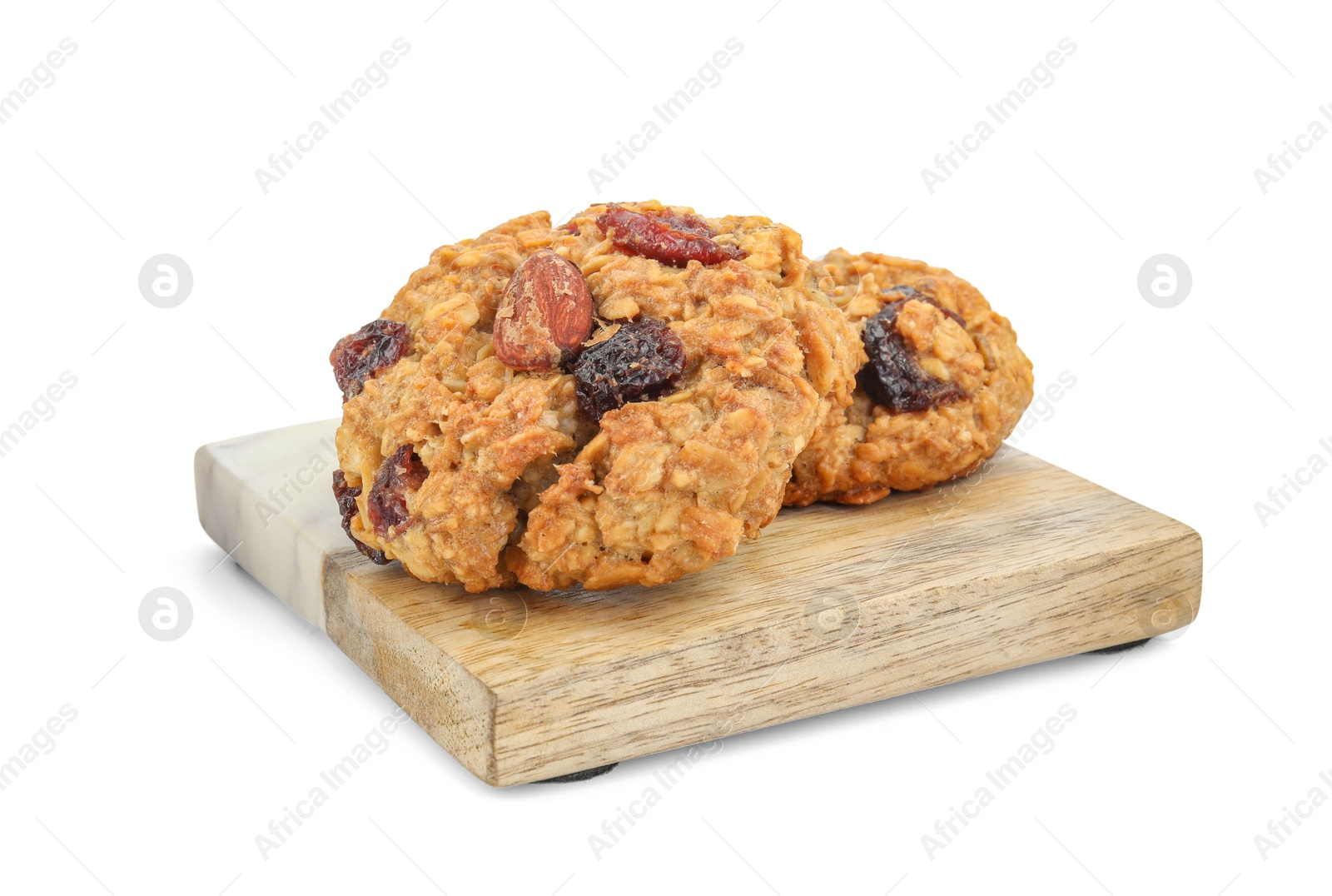 Photo of Delicious oatmeal cookies with dried cranberries and nuts isolated on white