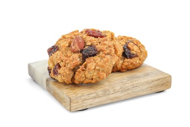 Photo of Delicious oatmeal cookies with dried cranberries and nuts isolated on white